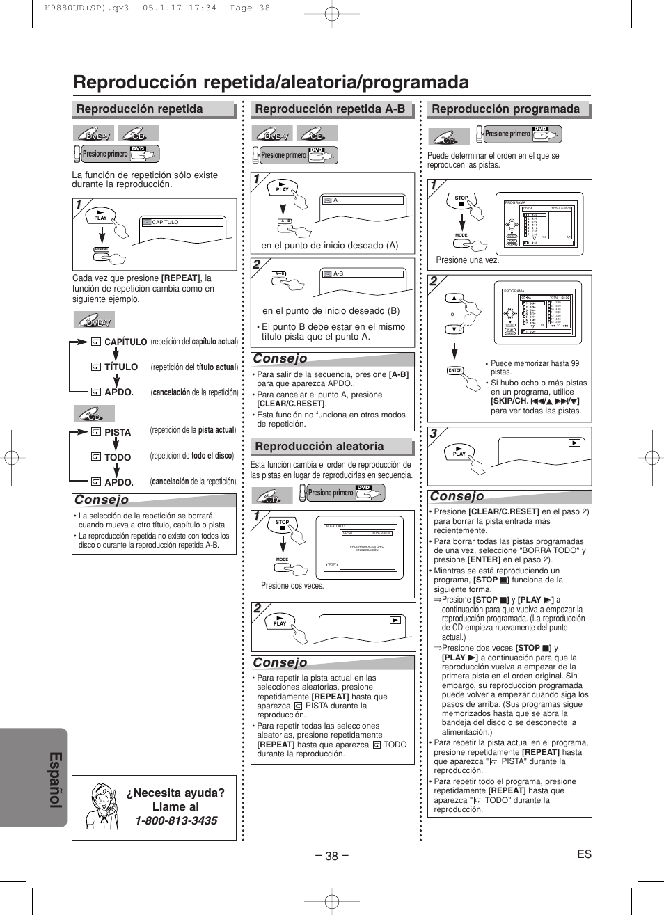 Reproducción repetida/aleatoria/programada, Espa ñ ol, Consejo | Reproducción repetida a-b, Reproducción programada, Reproducción repetida reproducción aleatoria | Sanyo DVW-7200 User Manual | Page 38 / 44