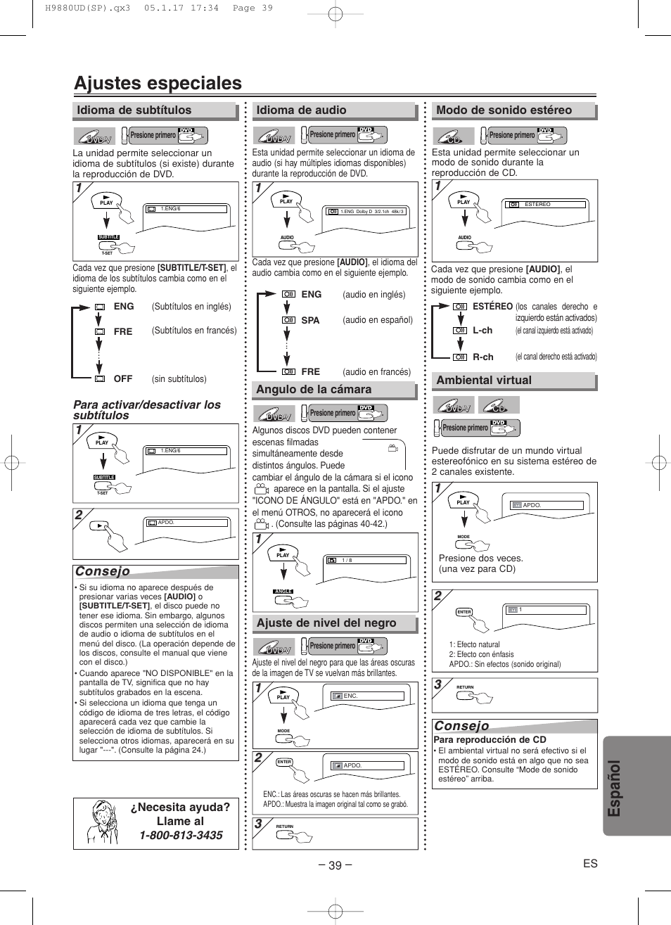 Ajustes especiales, Espa ñ ol, Consejo | Idioma de audio, Modo de sonido estéreo angulo de la cámara, Idioma de subtítulos, Ajuste de nivel del negro, Ambiental virtual, Para activar/desactivar los subtítulos | Sanyo DVW-7200 User Manual | Page 39 / 44