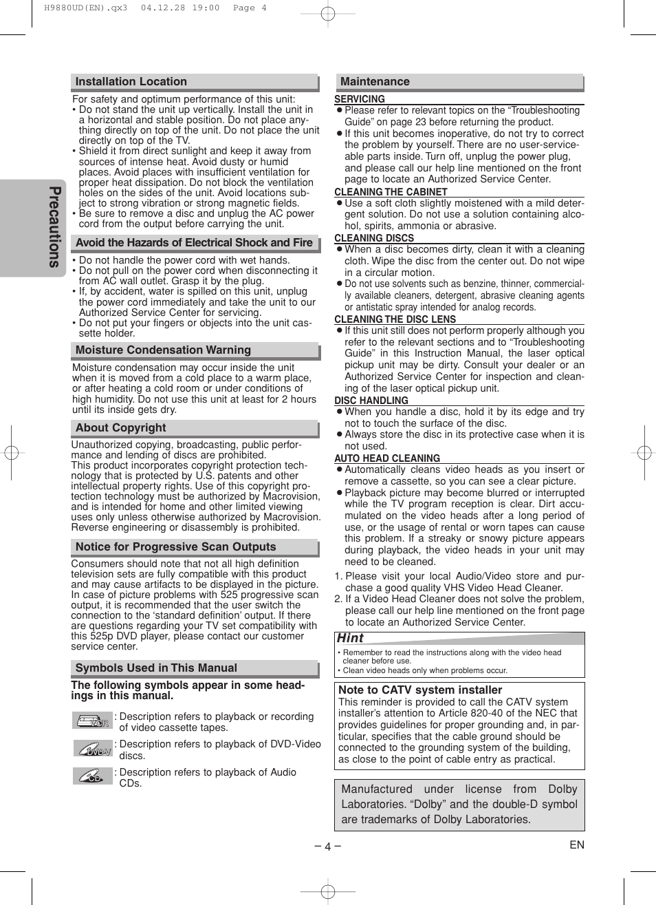 Precautions | Sanyo DVW-7200 User Manual | Page 4 / 44