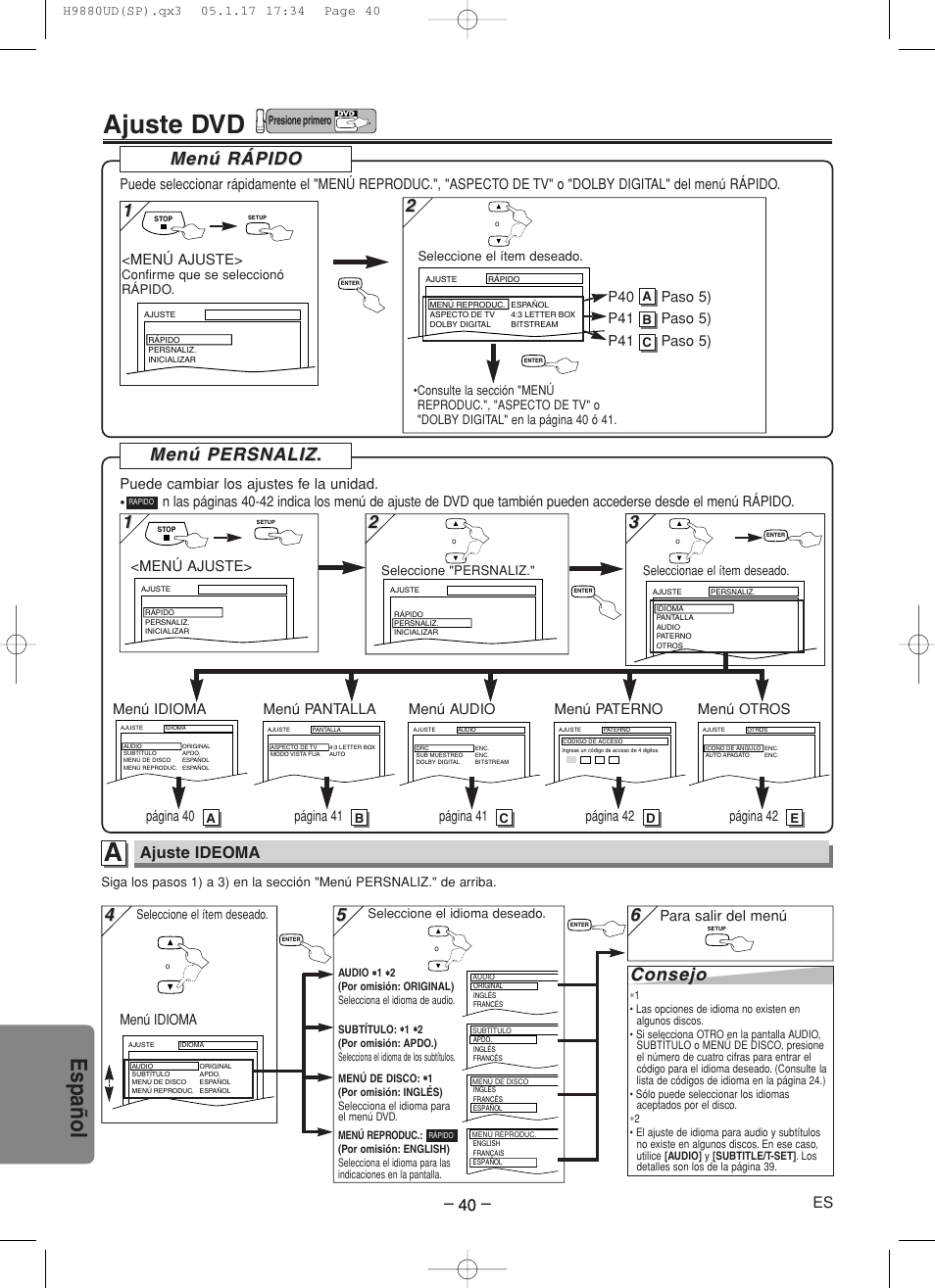 Ajuste dvd, Espa ñ ol, Consejo | Menú rápido, 1menú persnaliz. menú persnaliz, Ajuste ideoma, Para salir del menú, Menú ajuste, Página 41, Página 42 | Sanyo DVW-7200 User Manual | Page 40 / 44