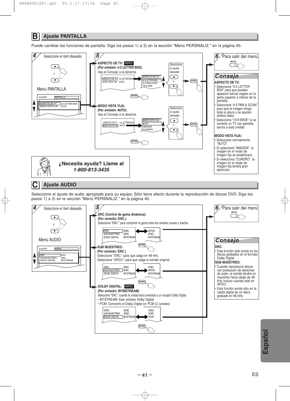 Espa ñ ol, 5consejo consejo, Consejo | Ajuste pantalla, Ajuste audio, Menú pantalla, Menú audio, Para salir del menú | Sanyo DVW-7200 User Manual | Page 41 / 44