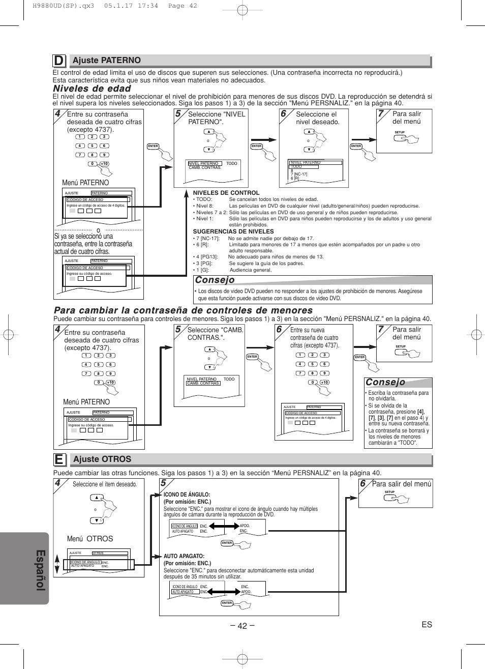 Espa ñ ol, Niveles de edad, Consejo | Ajuste paterno, Ajuste otros, Menú paterno, Menú otros, Para salir del menú | Sanyo DVW-7200 User Manual | Page 42 / 44