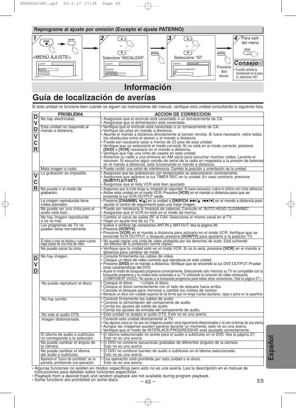 Guía de localización de averías, Información, Espa ñ ol | Consejo | Sanyo DVW-7200 User Manual | Page 43 / 44