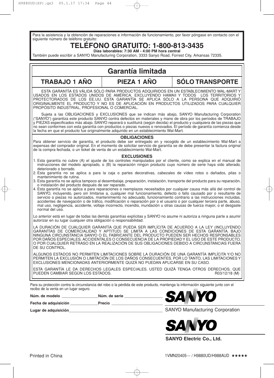 Garantía limitada, Trabajo 1 año pieza 1 año sólo transporte | Sanyo DVW-7200 User Manual | Page 44 / 44