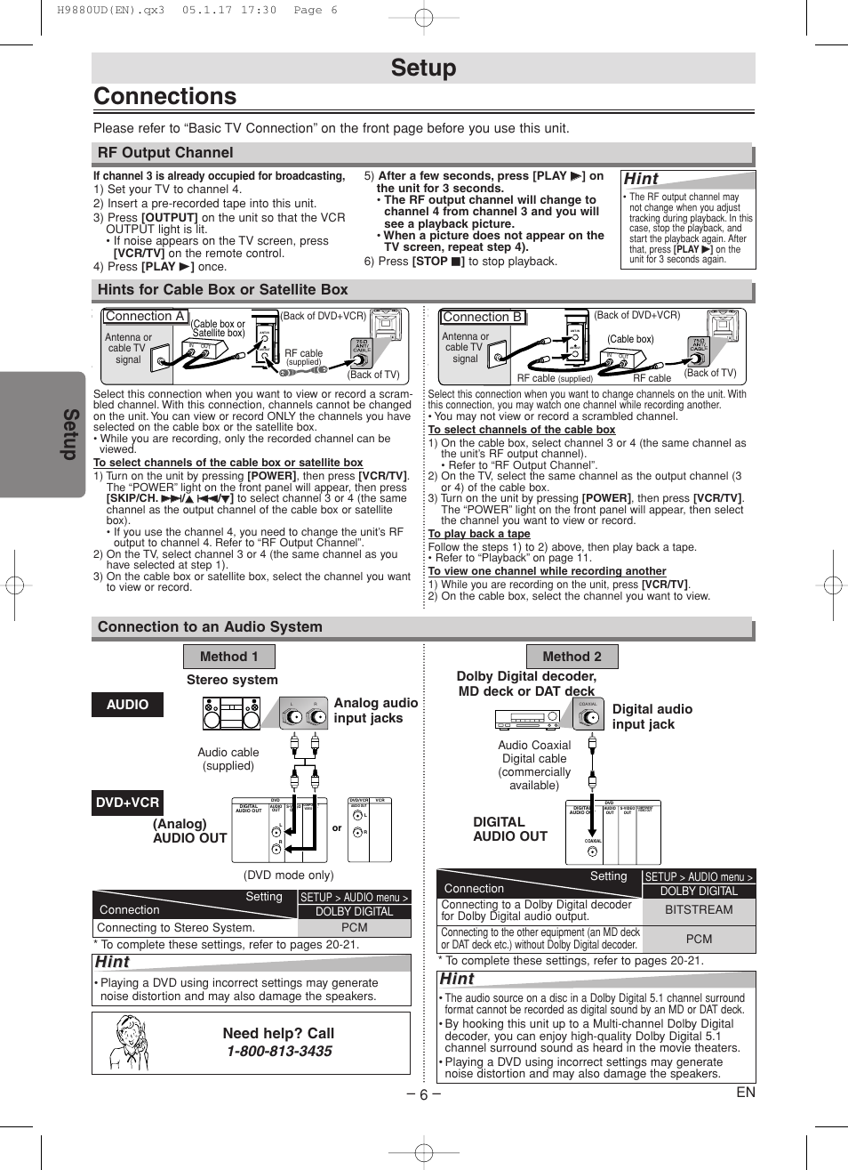 Connections, Setup, Hint | Hints for cable box or satellite box, Connection to an audio system, Rf output channel, Stereo system, Dolby digital decoder, md deck or dat deck | Sanyo DVW-7200 User Manual | Page 6 / 44