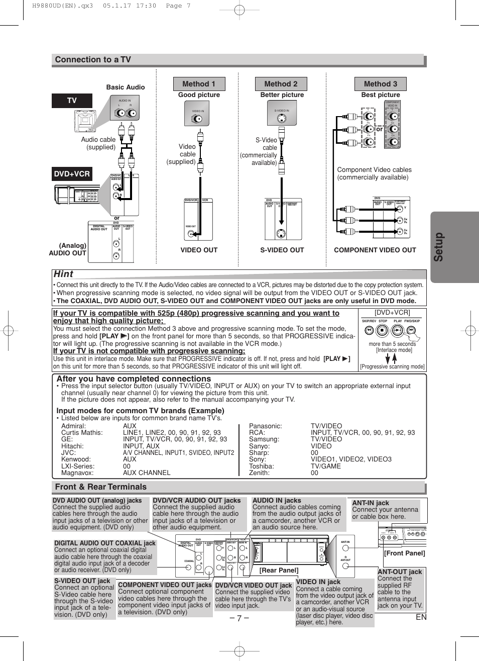 Setup, Hint, Front & rear terminals | Connection to a tv – 7, After you have completed connections, Dvd+vcr, Input modes for common tv brands (example), Method 1, Method 2 method 3, Component video out | Sanyo DVW-7200 User Manual | Page 7 / 44