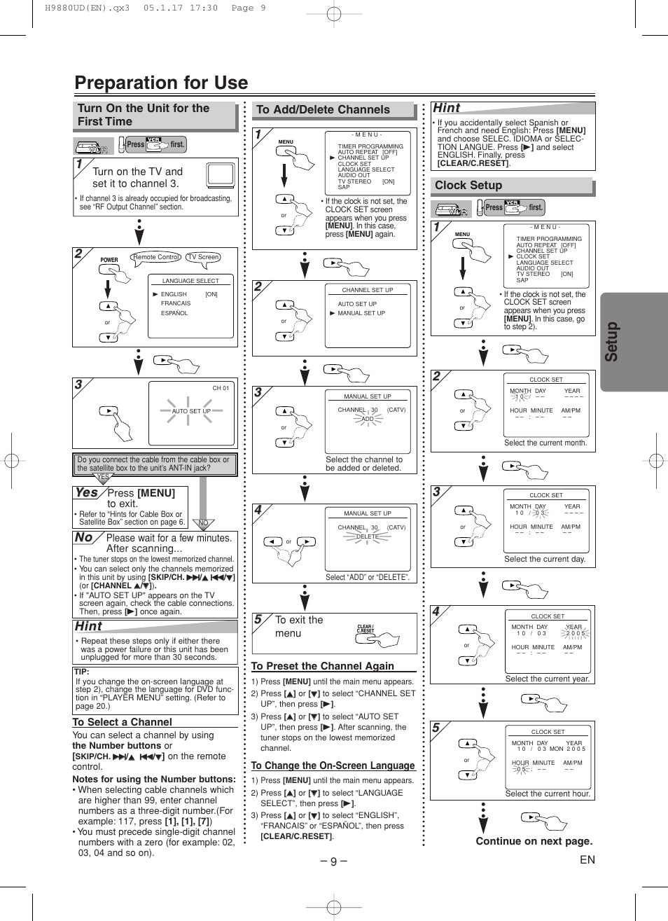 Preparation for use, Setup, 43 3 hint hint | Hint, Yes es, Clock setup, Turn on the unit for the first time, Please wait for a few minutes. after scanning, Press [menu] to exit, Turn on the tv and set it to channel 3 | Sanyo DVW-7200 User Manual | Page 9 / 44