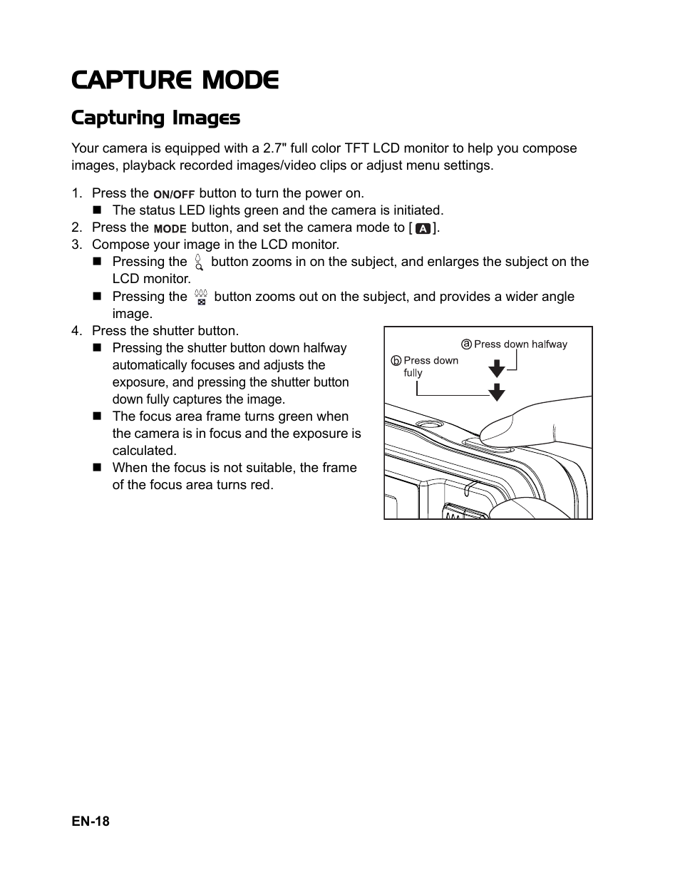 Capture mode, Capturing images | Sanyo VPC-S1085 User Manual | Page 19 / 45