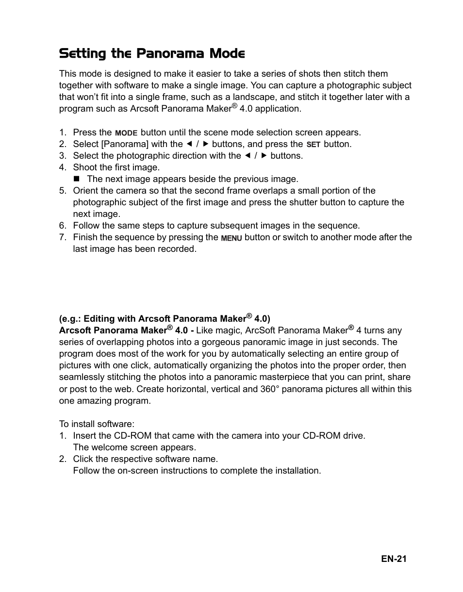 Setting the panorama mode | Sanyo VPC-S1085 User Manual | Page 22 / 45