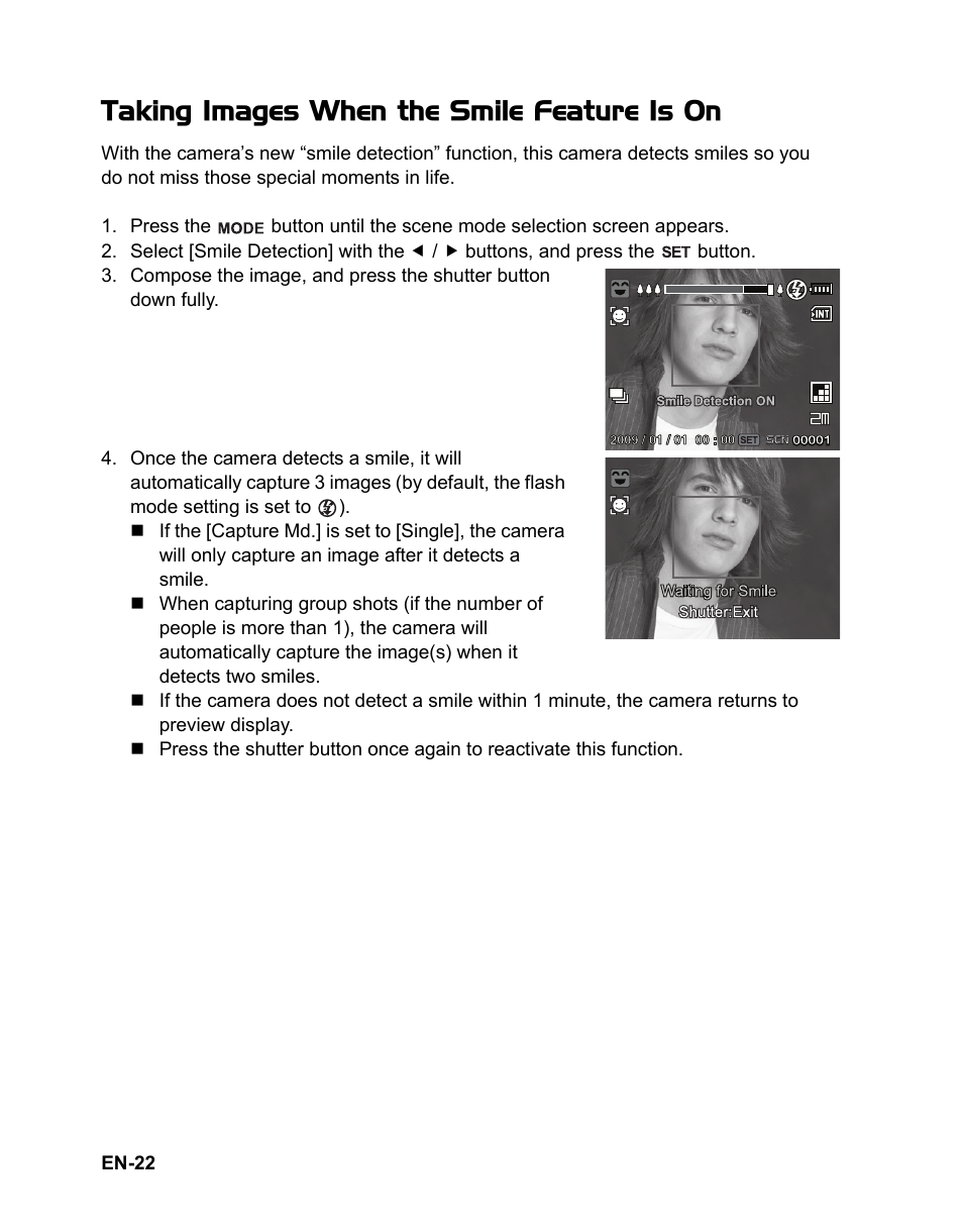 Taking images when the smile feature is on | Sanyo VPC-S1085 User Manual | Page 23 / 45