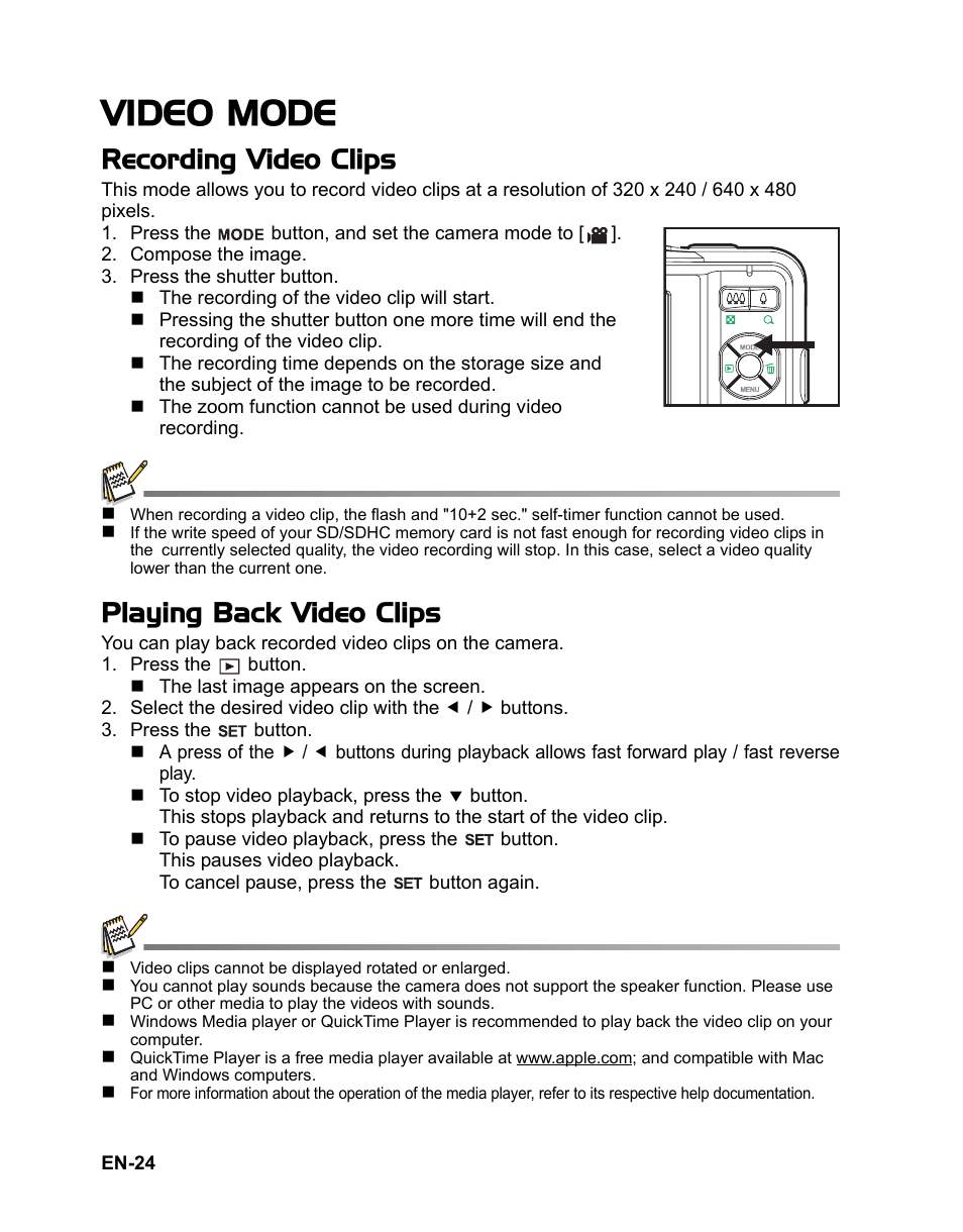 Video mode, Recording video clips, Playing back video clips | Sanyo VPC-S1085 User Manual | Page 25 / 45