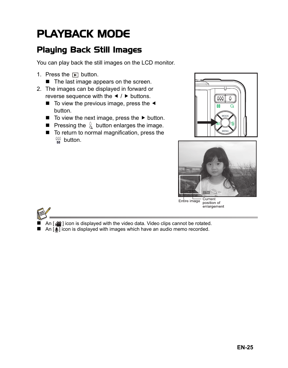 Playback mode, Playing back still images | Sanyo VPC-S1085 User Manual | Page 26 / 45