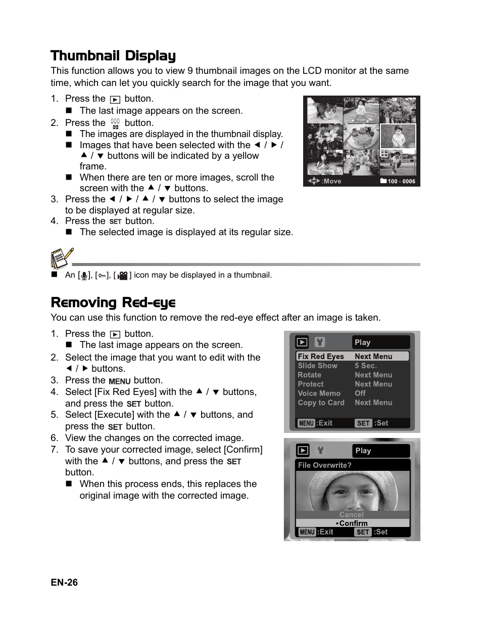 Thumbnail display, Removing red-eye | Sanyo VPC-S1085 User Manual | Page 27 / 45