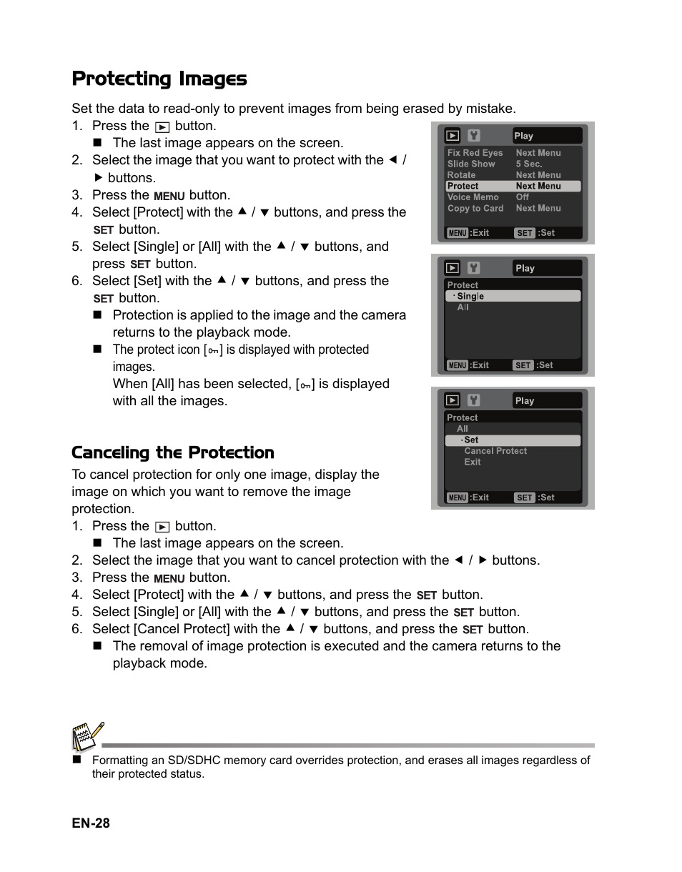 Protecting images, Canceling the protection | Sanyo VPC-S1085 User Manual | Page 29 / 45