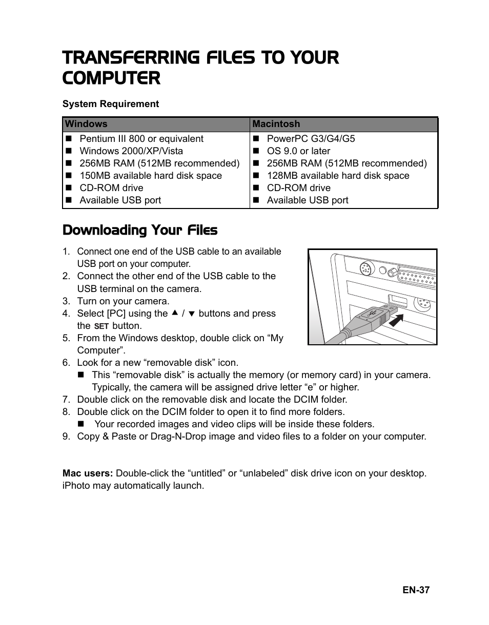 Transferring files to your computer, Downloading your files | Sanyo VPC-S1085 User Manual | Page 38 / 45