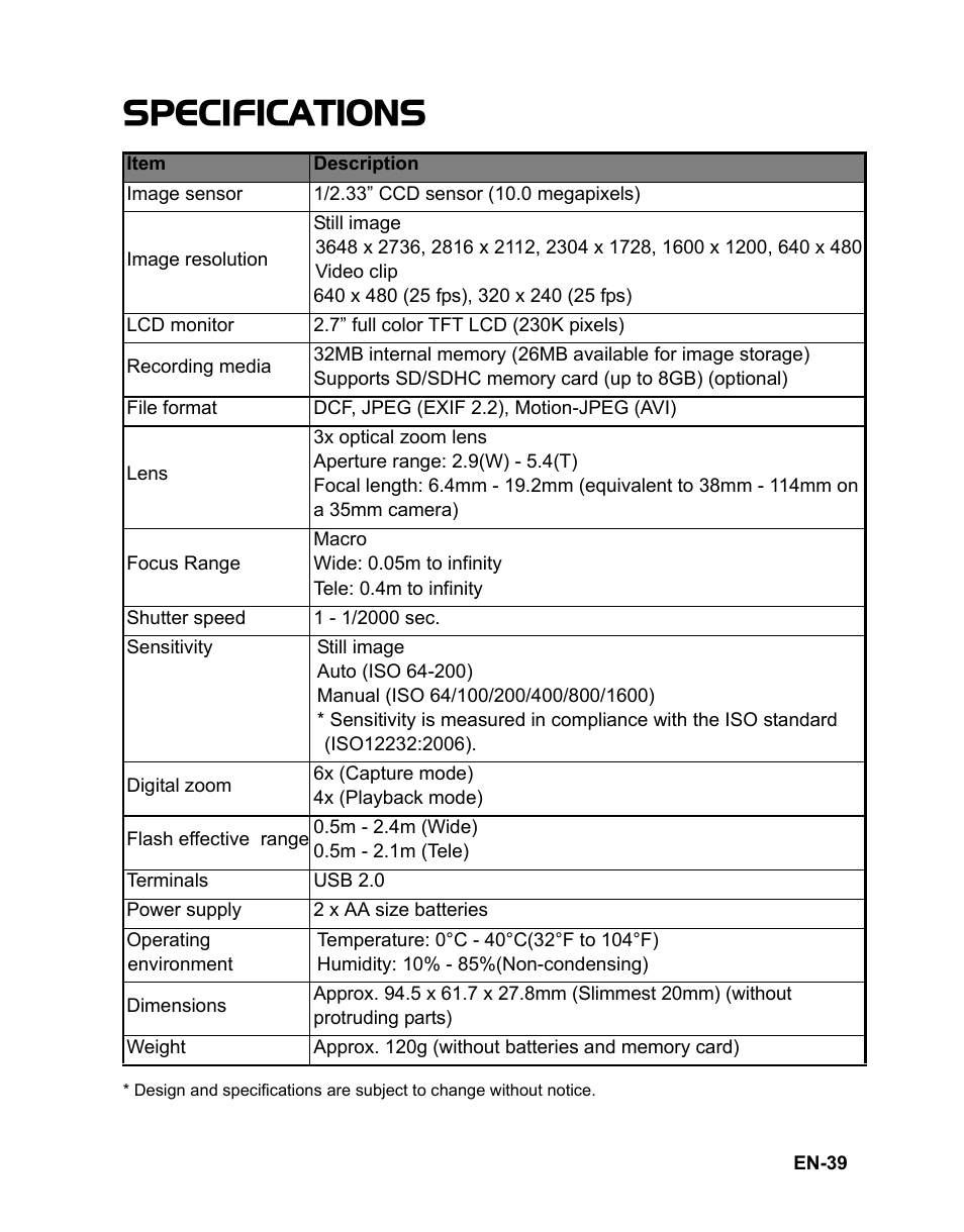 Specifications | Sanyo VPC-S1085 User Manual | Page 40 / 45