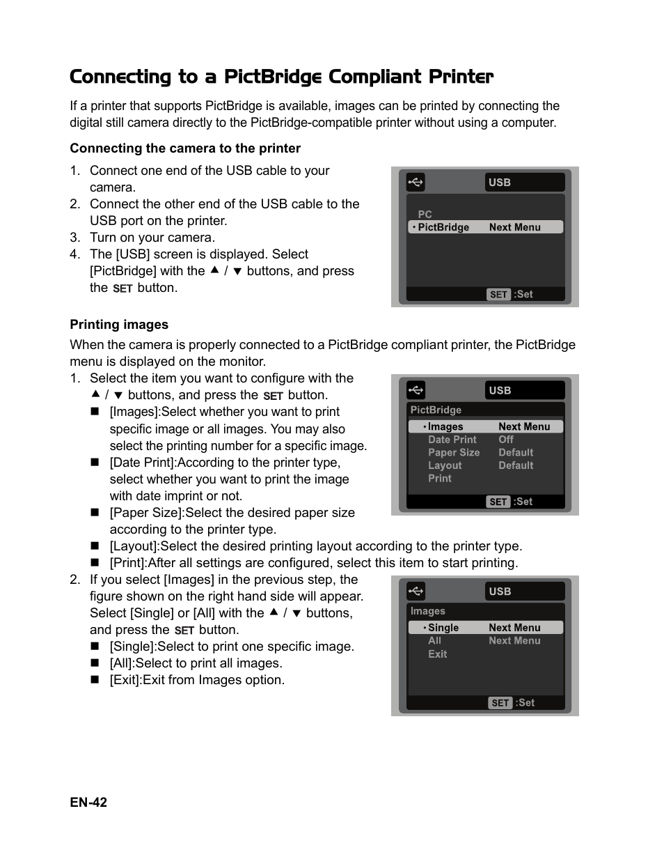 Connecting to a pictbridge compliant printer | Sanyo VPC-S1085 User Manual | Page 43 / 45