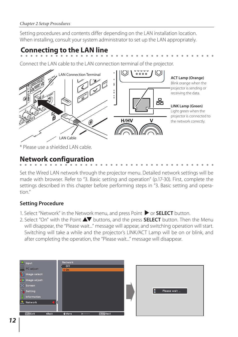 Connecting to the lan line, Network configuration | Sanyo Projector User Manual | Page 12 / 62