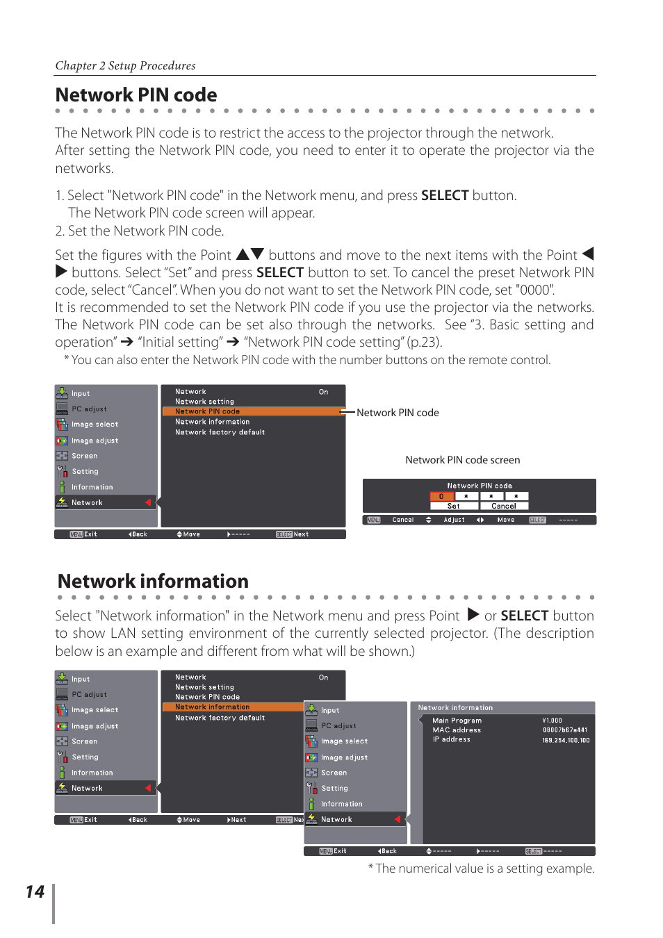 Network pin code, Network information, Network pin code network information | Sanyo Projector User Manual | Page 14 / 62