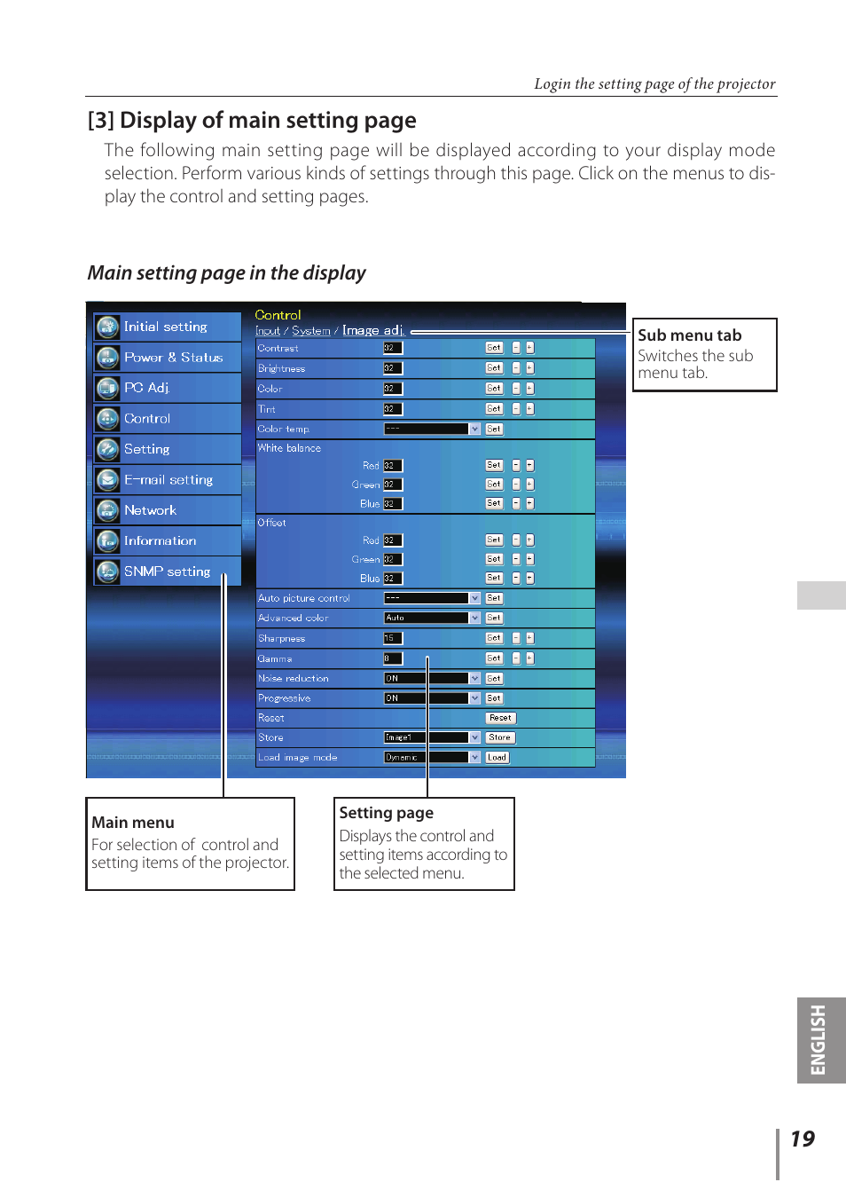 3] display of main setting page | Sanyo Projector User Manual | Page 19 / 62