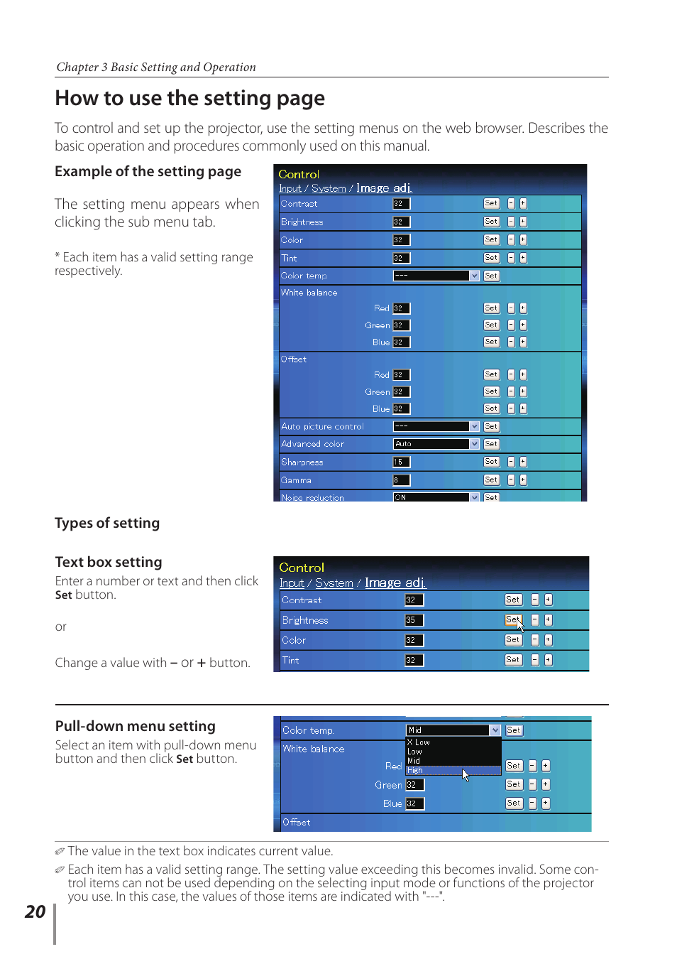How to use the setting page | Sanyo Projector User Manual | Page 20 / 62