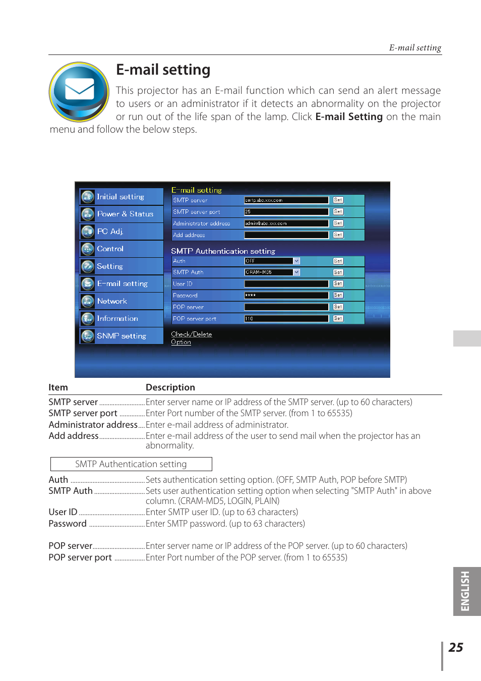 E-mail setting, English | Sanyo Projector User Manual | Page 25 / 62