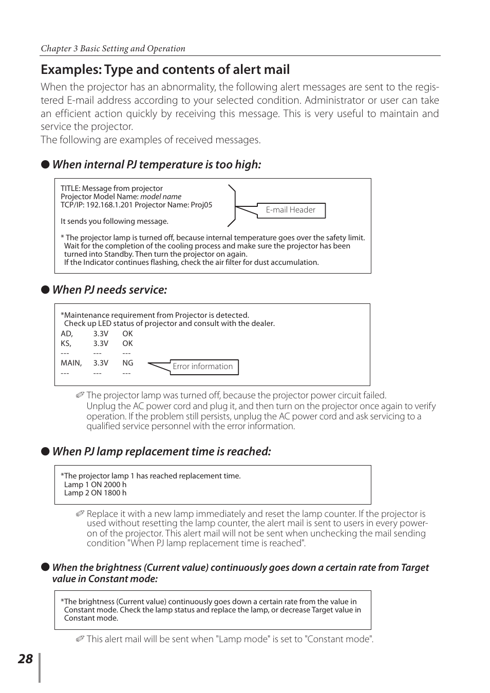 Examples: type and contents of alert mail, When pj needs service, When internal pj temperature is too high | When pj lamp replacement time is reached | Sanyo Projector User Manual | Page 28 / 62