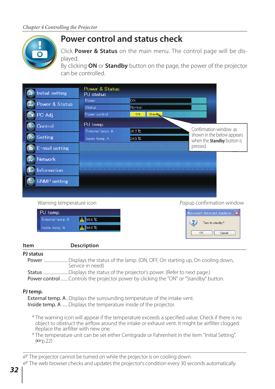Power control and status check | Sanyo Projector User Manual | Page 32 / 62