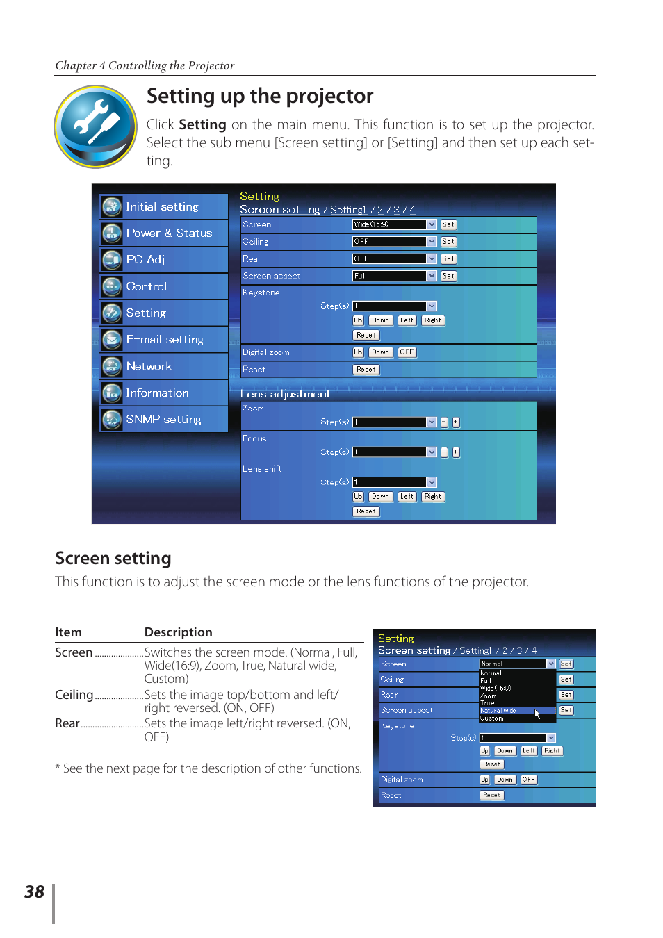 Setting up the projector, Screen setting | Sanyo Projector User Manual | Page 38 / 62