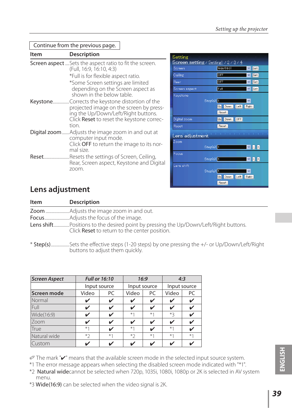Lens adjustment | Sanyo Projector User Manual | Page 39 / 62