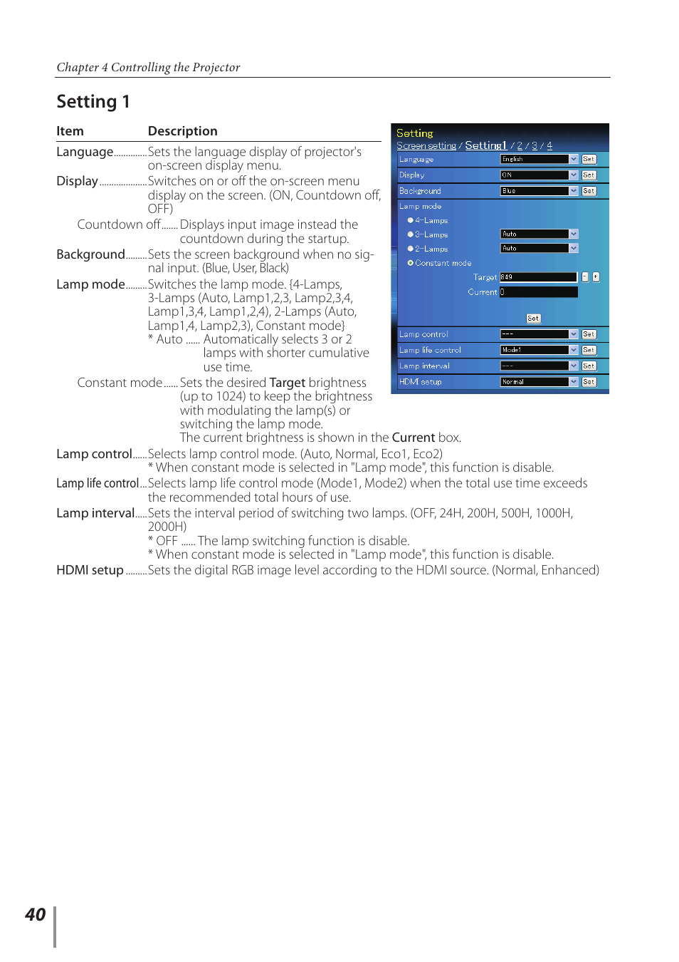 Setting 1 | Sanyo Projector User Manual | Page 40 / 62