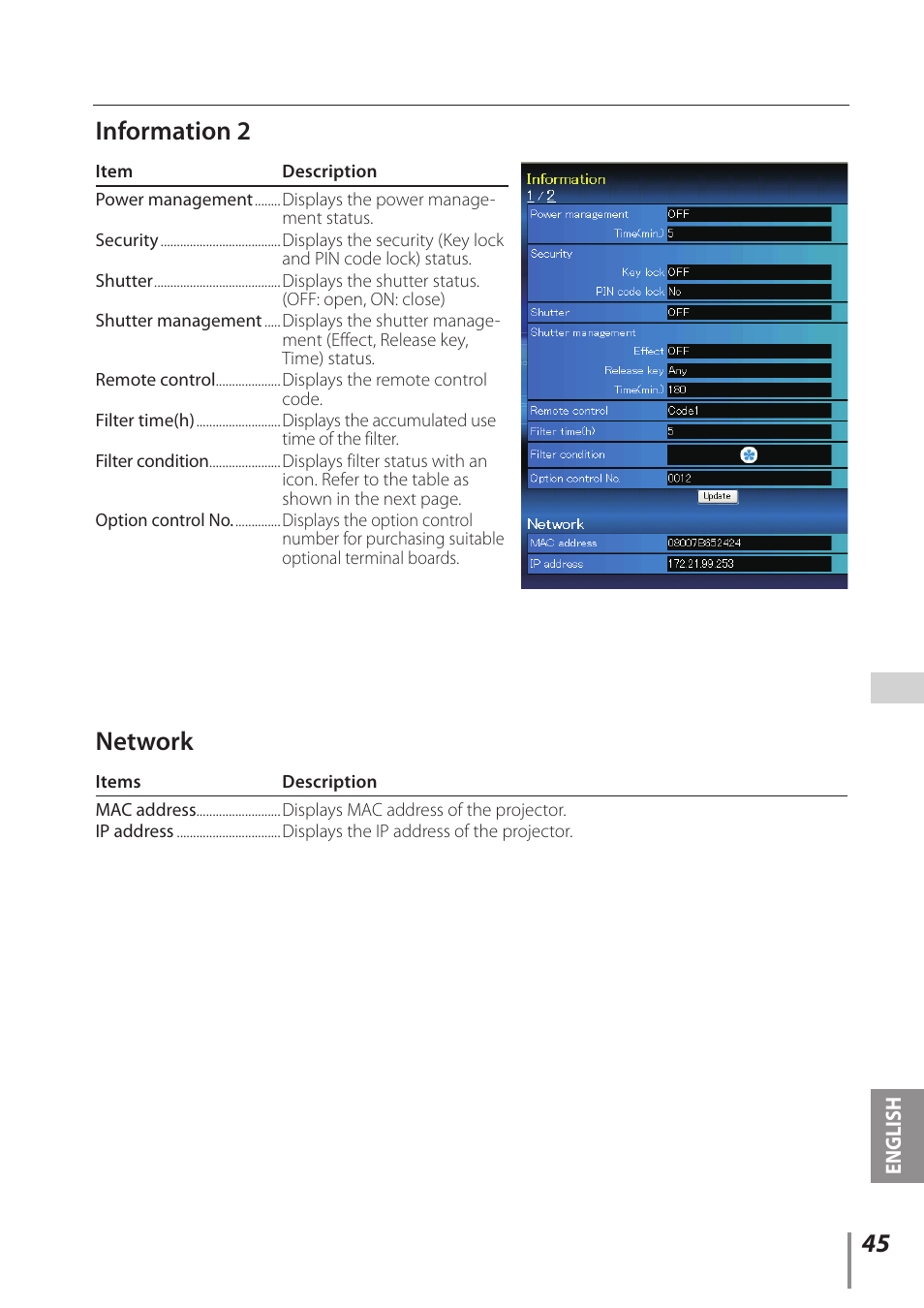 Information 2, Network, Information 2 network | Sanyo Projector User Manual | Page 45 / 62