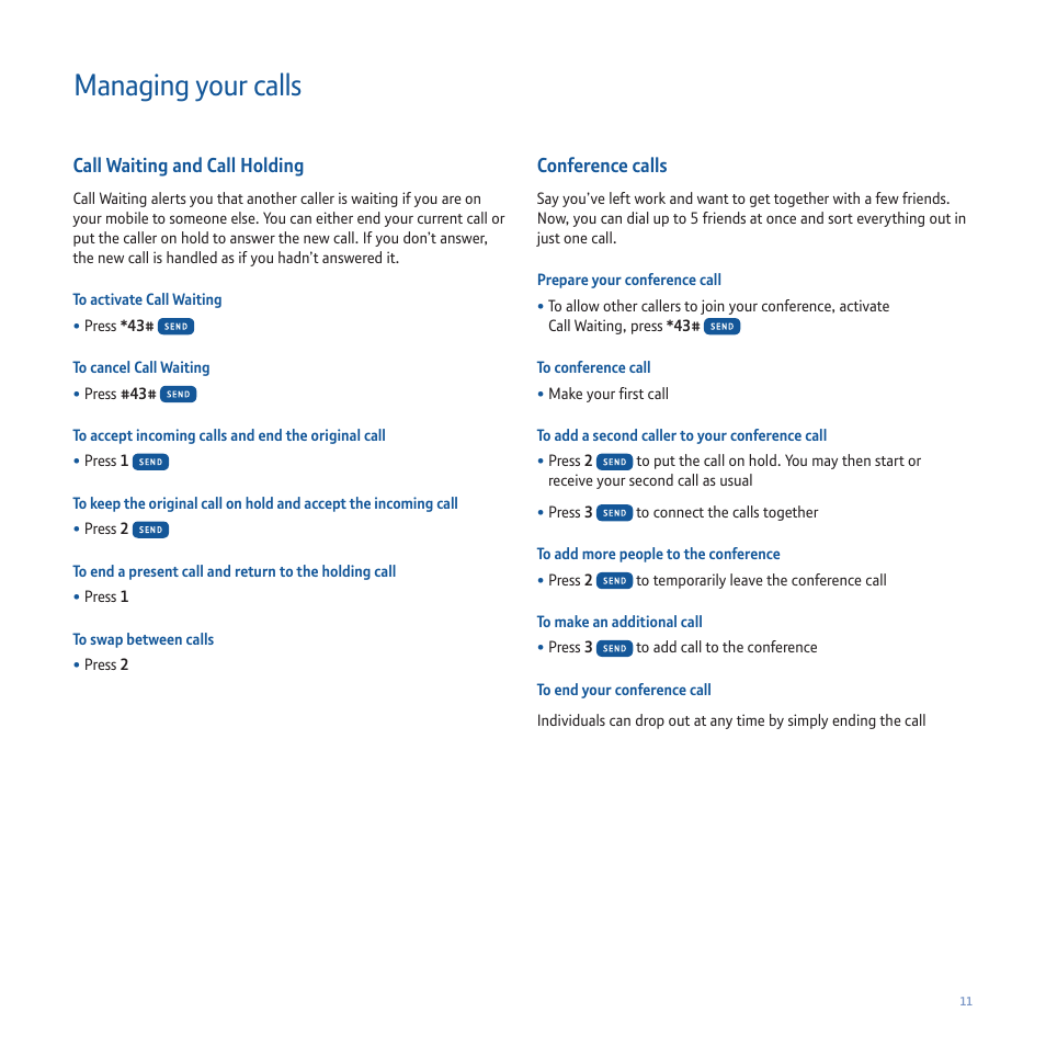 326596_wlbt_post-13.pdf, Managing your calls, Call waiting and call holding | Conference calls | Sanyo P260 User Manual | Page 15 / 20