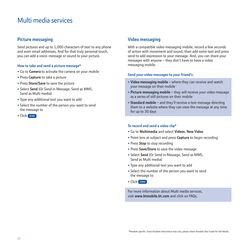 326596_wlbt_post-14.pdf, Multi media services, Picture messaging | Video messaging | Sanyo P260 User Manual | Page 16 / 20