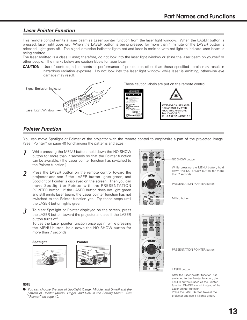 Part names and functions | Sanyo PLC-SU50 User Manual | Page 13 / 56