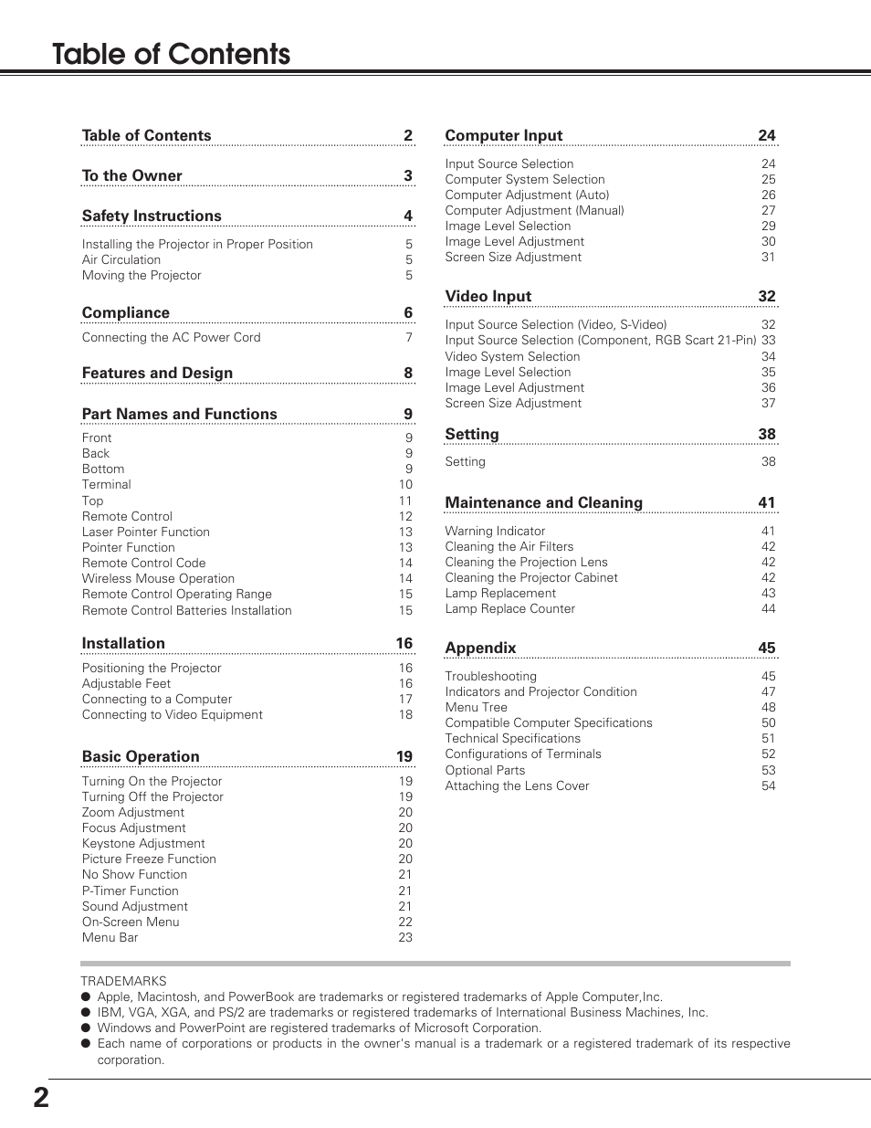 2table of contents | Sanyo PLC-SU50 User Manual | Page 2 / 56