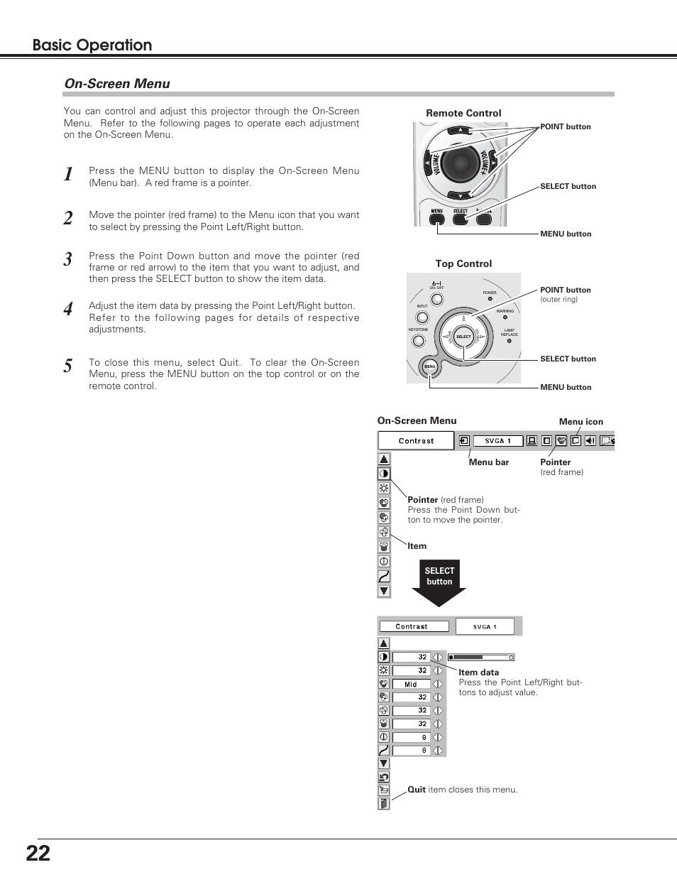 Basic operation, On-screen menu, Top control | Remote control | Sanyo PLC-SU50 User Manual | Page 22 / 56