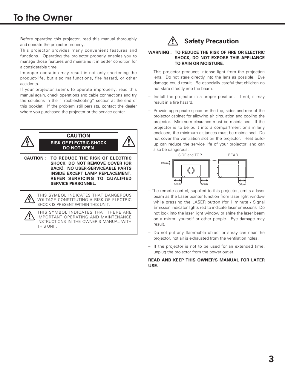 3to the owner, Safety precaution | Sanyo PLC-SU50 User Manual | Page 3 / 56