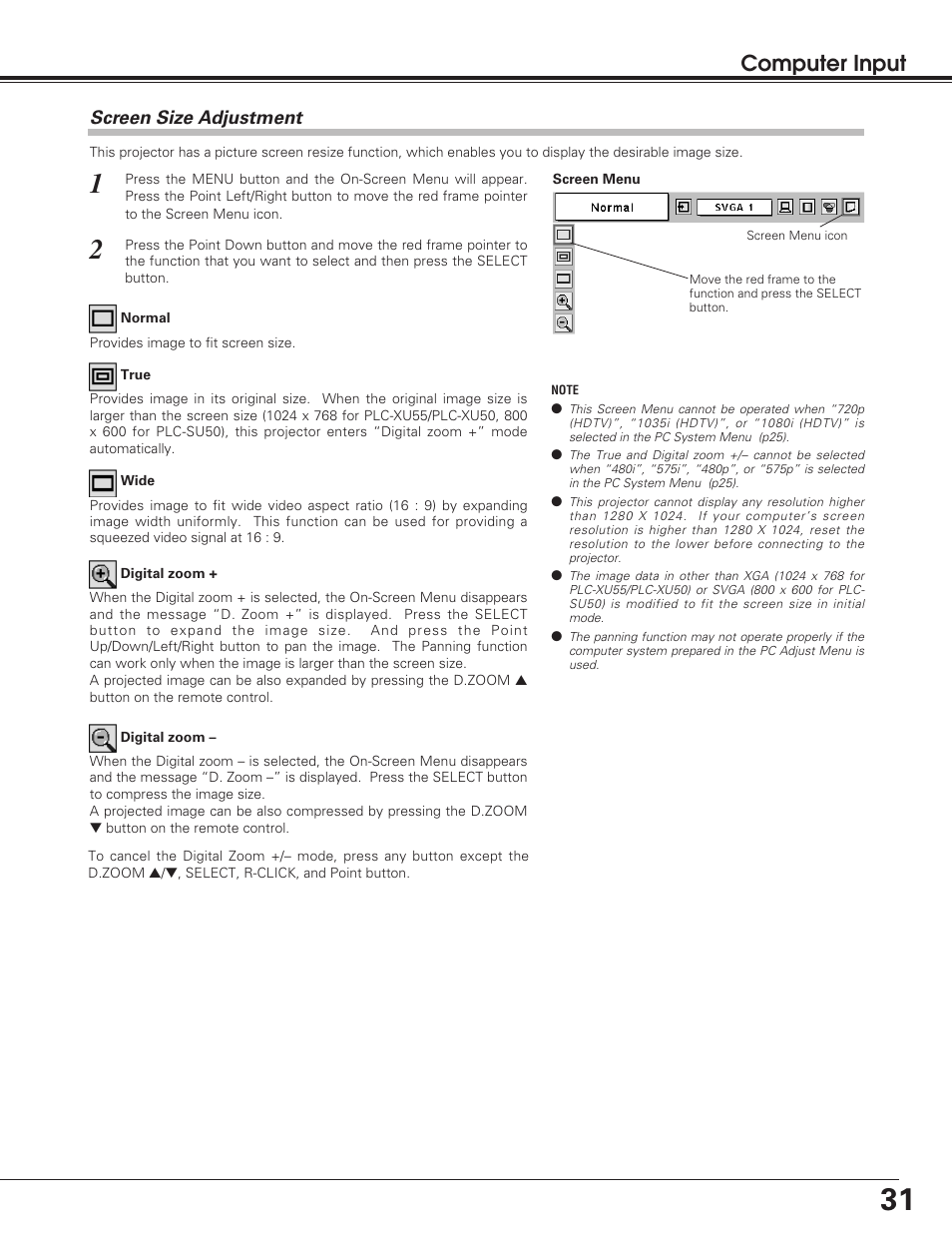 Computer input | Sanyo PLC-SU50 User Manual | Page 31 / 56