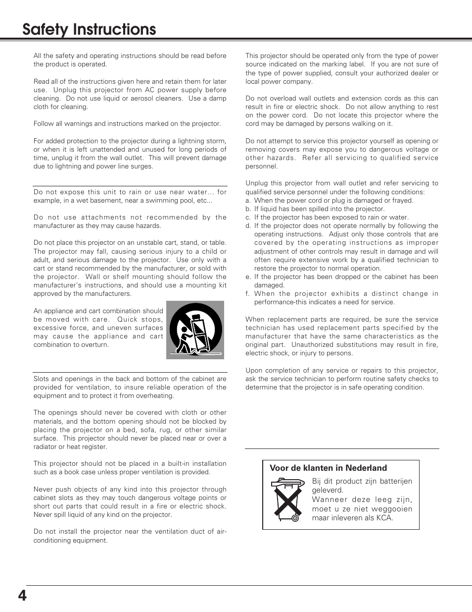 4safety instructions | Sanyo PLC-SU50 User Manual | Page 4 / 56