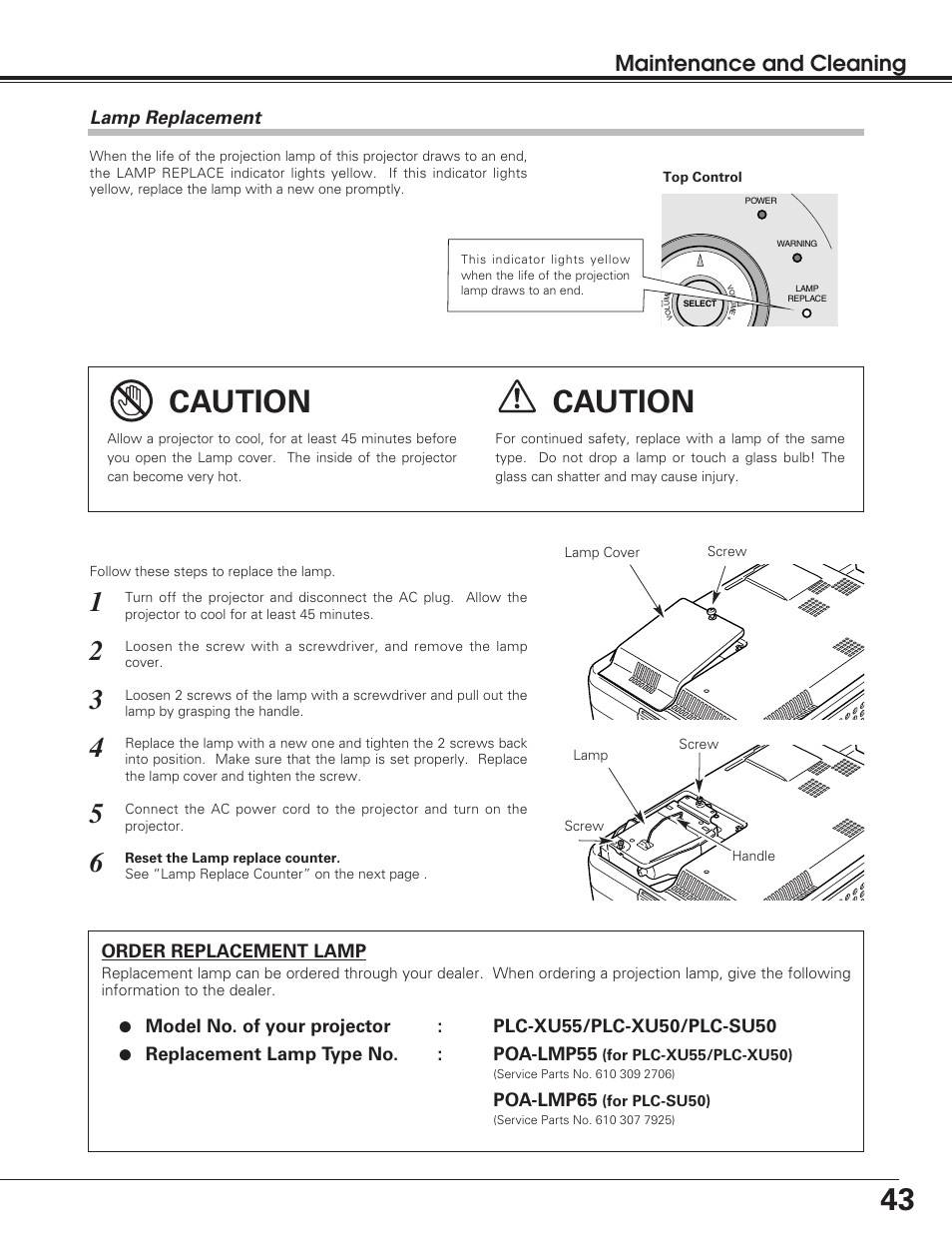 Caution, Maintenance and cleaning | Sanyo PLC-SU50 User Manual | Page 43 / 56