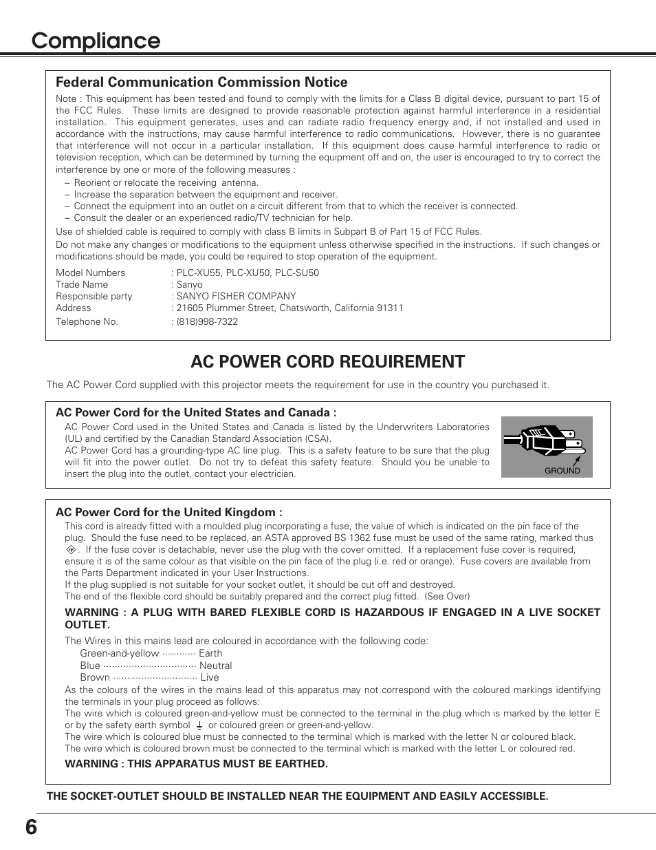 6compliance, Ac power cord requirement, Federal communication commission notice | Sanyo PLC-SU50 User Manual | Page 6 / 56