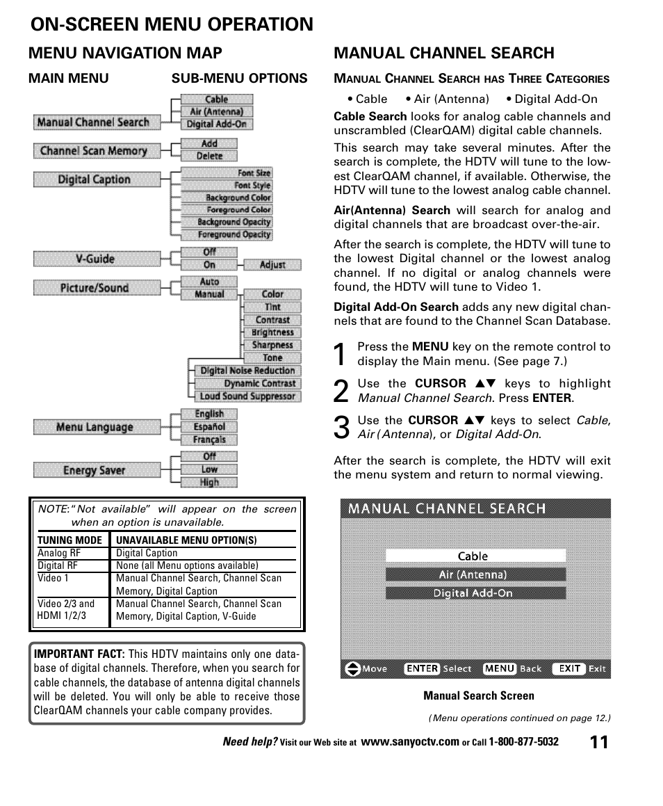 On-screen menu operation, Manual channel search, Menu navigation map | Sanyo DP52848 User Manual | Page 11 / 52