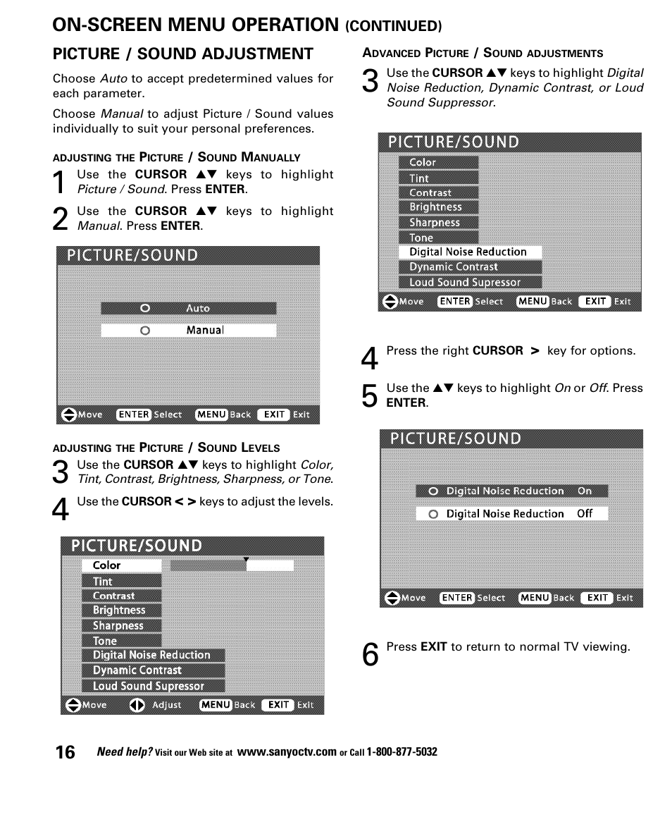 On-screen menu operation | Sanyo DP52848 User Manual | Page 16 / 52