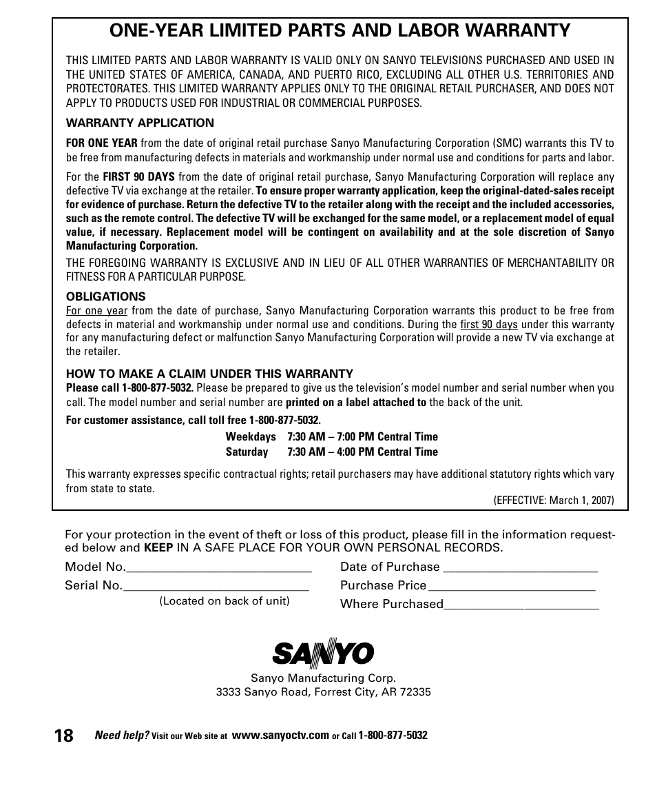 One-year limited parts and labor warranty | Sanyo DP52848 User Manual | Page 18 / 52