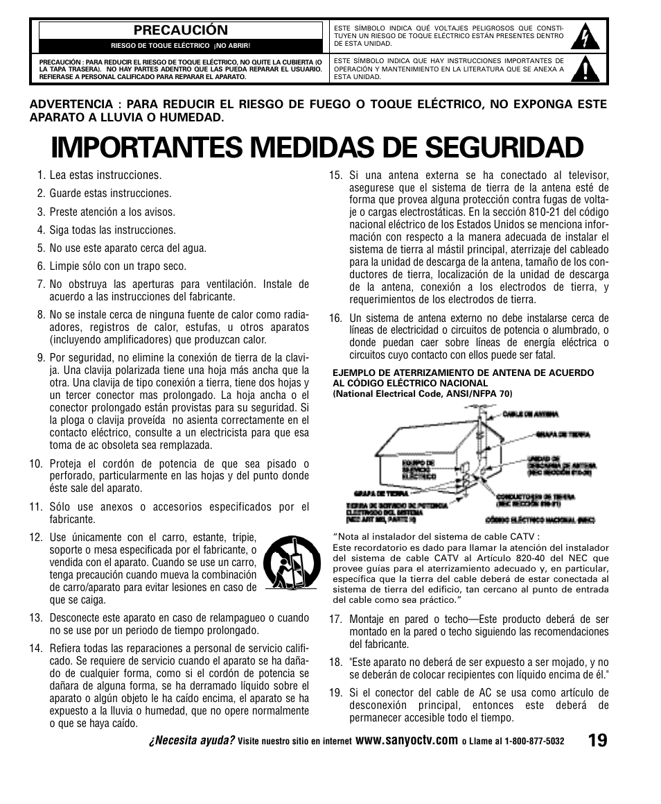 Importantes medidas de seguridad | Sanyo DP52848 User Manual | Page 19 / 52