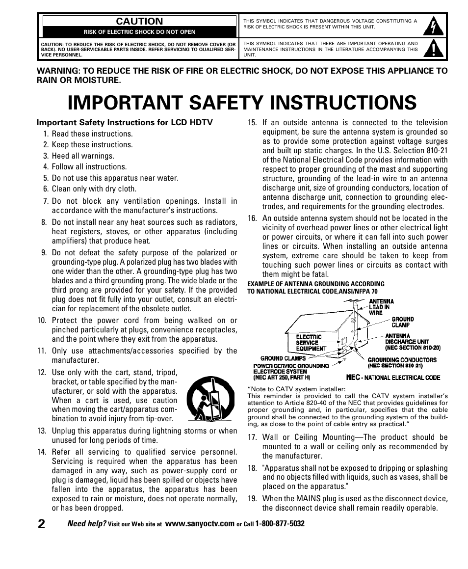 Important safety instructions | Sanyo DP52848 User Manual | Page 2 / 52
