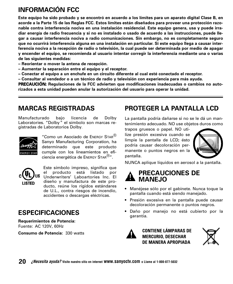 Información fcc, Marcas registradas, Especificaciones | Proteger la pantalla lcd, Precauciones de manejo | Sanyo DP52848 User Manual | Page 20 / 52