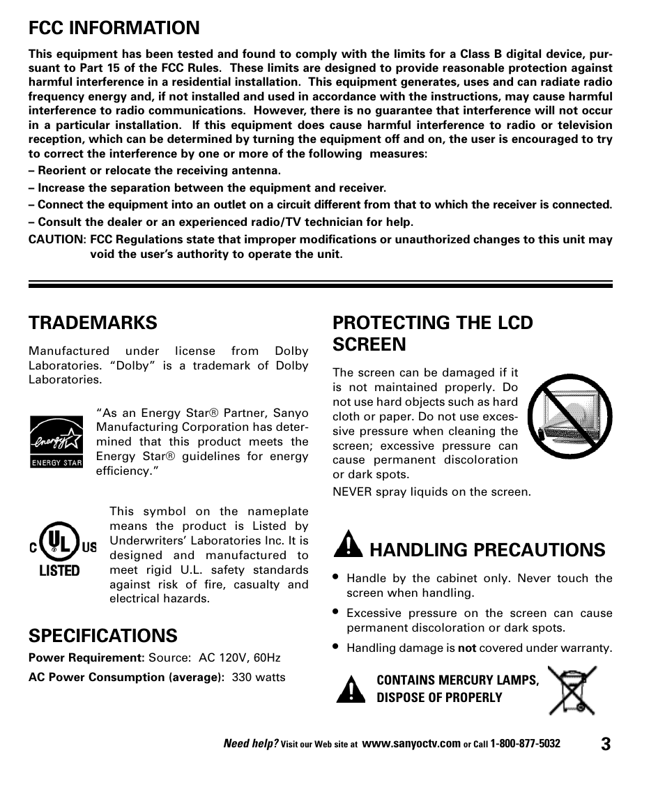 Fcc information, Trademarks, Specifications | Protecting the lcd screen, Handling precautions | Sanyo DP52848 User Manual | Page 3 / 52