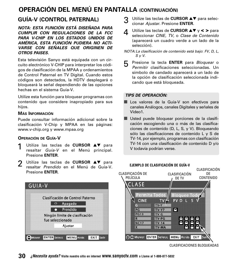 Operación del menú en pantalla, Guía-v (control paternal) | Sanyo DP52848 User Manual | Page 30 / 52